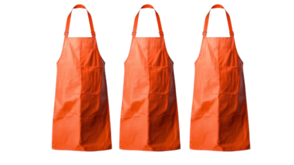 Three bright orange aprons displayedon a transparent background
