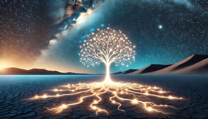 Glowing tree with glowing roots under starry night sky in the desert