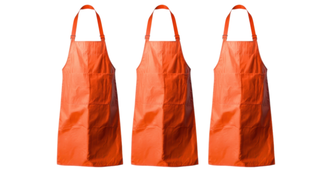Three bright orange aprons displayedon a transparent background