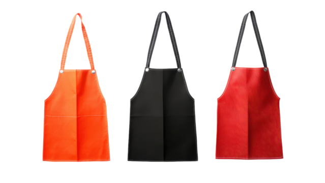 Three aprons in vibrant colors on a transparent background