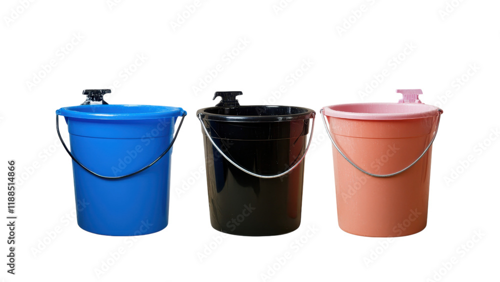 Poster colored buckets in a rowon a transparent background