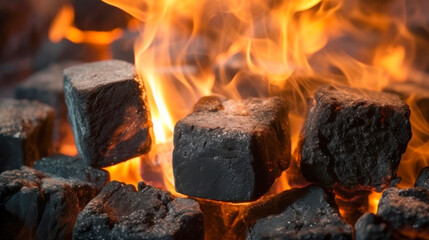 Hot embers glow brightly in a grill, showcasing the heating process of charcoal for grilling food outdoors in a beautiful setting