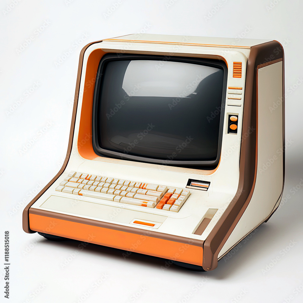 Poster retro futuristic personal computer combined with keyboard isolated on white background.