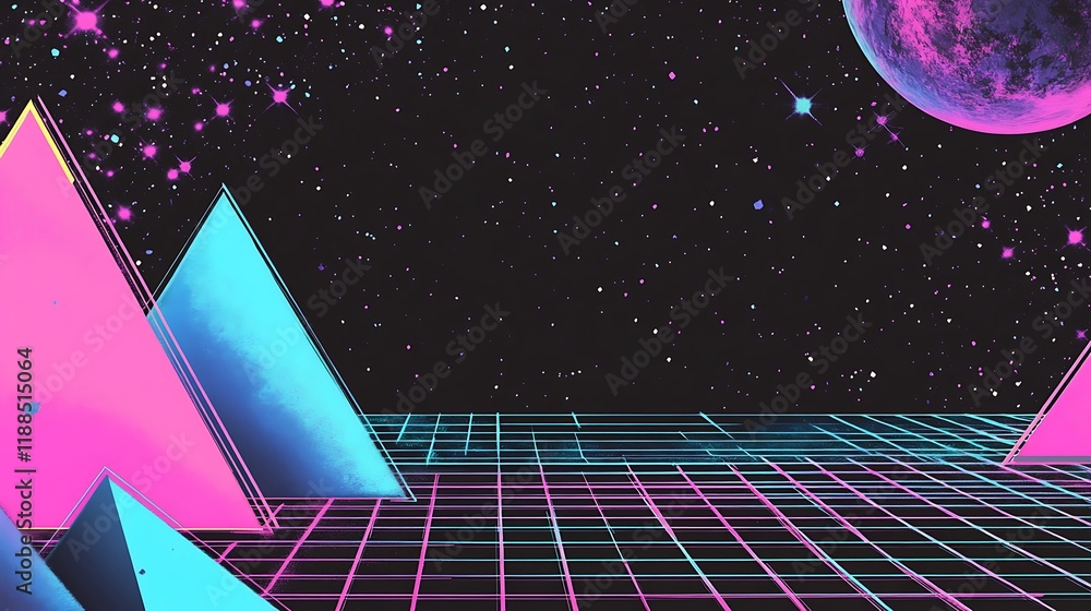 Poster retrofuturistic landscape with triangles