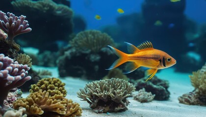 An elegant cardinalfish with golden scales explores a lively coral reef. Perfectly illuminated to highlight its intricate details in the clear, tranquil waters.