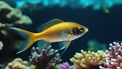 Fototapeta premium A vibrant cardinalfish swims gracefully among coral reefs, showcasing its golden-yellow hues and delicate fins. A stunning underwater scene of marine beauty