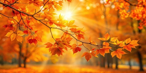 Vibrant orange leaves on a branch against a warm sunny autumn background with a few scattered trees and golden sunlight filtering through the foliage , orange, leaf