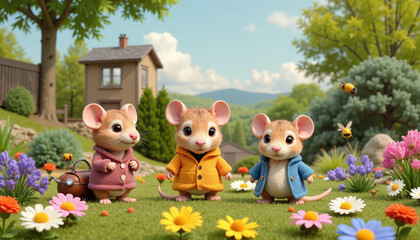 Three cheerful mice in colorful coats enjoying a sunny day in a flower-filled garden