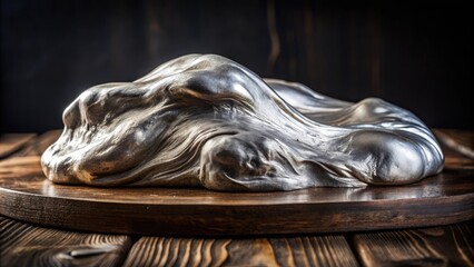 A large chunk of silver slime with visible texture and veins, nestled in a bed of black velvet on a rich wooden table, heavy metal vibe, industrial decor, metallic finish, sci-fi aesthetic