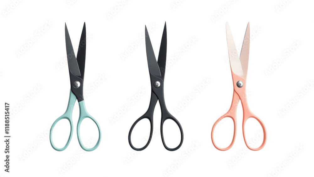 Poster three pairs of scissors in various colors on a transparent background