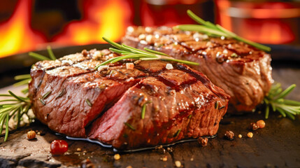Grilled steaks garnished with rosemary on a sizzling hot plate beside an open flame at a summer barbecue party