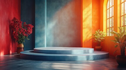 Naklejka premium Vibrant Studio Display: Circular Platform with Red Flowers and Sunlit Orange Wall