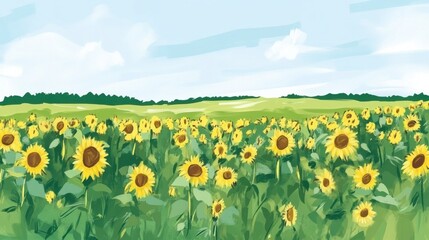 Fototapeta premium A Vibrant Summertime Sunflower Field: A Colorful Landscape Painting of a Sunny Meadow Filled with Yellow Blooms