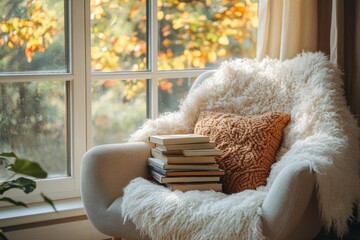 Cozy armchair with blanket near window in autumn sunlight