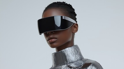 A woman wearing a futuristic looking pair of glasses