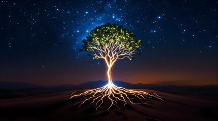 Glowing tree with roots under starry sky in the desert