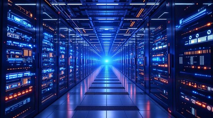 Fototapeta premium Server room with glowing blue and orange lights, data technology
