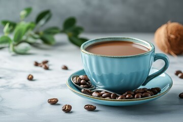 Keto coffee in a blue cup with coconut oil and beans on a marble table against a grey wall