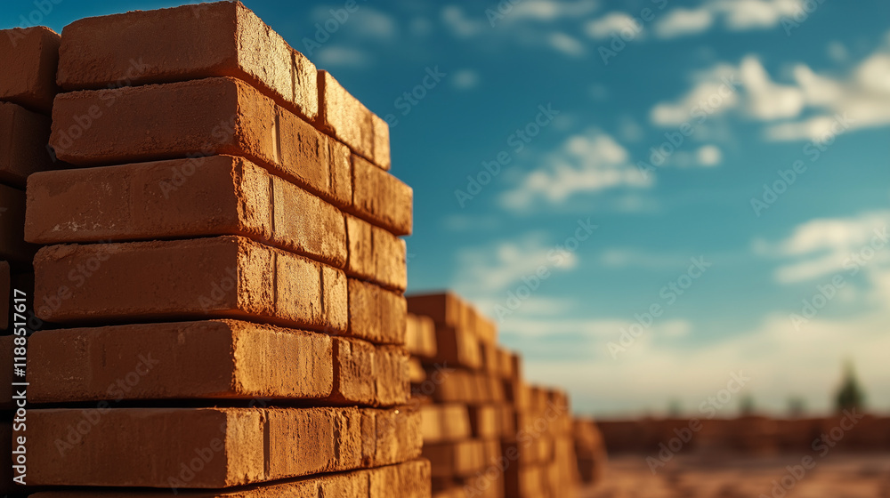 Poster a stack of red clay bricks standing tall on a clear construction site, their distinct rectangular sh