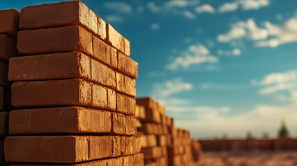 A stack of red clay bricks standing tall on a clear construction site, their distinct rectangular shapes highlighted by the warm glow of midday sun.
