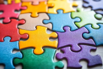 Fototapeta premium Colorful jigsaw puzzle pieces scattered on a flat surface