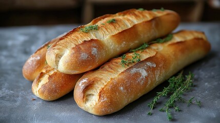 Four artisanal baguettes rest elegantly on grey surface. Fresh herbs adorn bread. Perfect bake. Ideal for bakery promotions. Culinary image. Freshly baked, delicious. Homemade bread. Perfect for