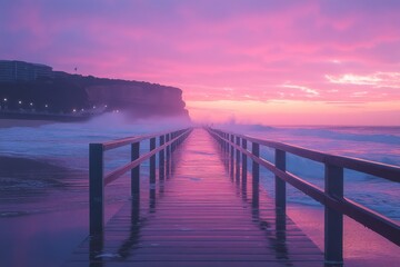Obraz premium Wooden dock stretching into a pink and purple sky at sunrise