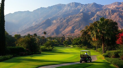 Golf course landscape with mountain backdrop