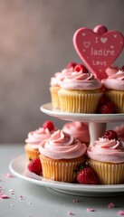 Cupcake tower with love concept cupcakes served in a plate, selective focus , Decorations, Dessert, Romantic