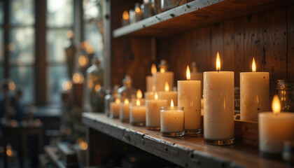 Wooden shelf with glowing pillar candles
