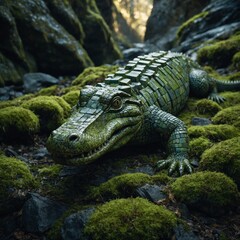 Obraz premium A stone alligator covered in glowing moss, crawling through an enchanted canyon of geometric patterns.