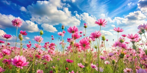 A field of vibrant pink wildflowers swaying gently in the breeze