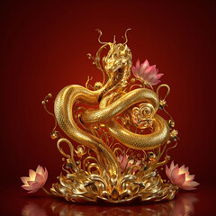 The gold snake symbolizes wealth and transformation, while the lotus flower represents purity and renewal. Together, they are auspicious symbols for harmony and prosperity in 2025 celebrations