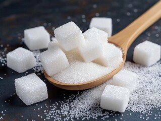 Close-up view of white sugar cubes, granulated sugar on wooden spoon. Sweetener, lump sugar displayed. Sweet tooth, sugar bowl concepts visualized. Image perfect for food blogs cookbooks. Healthy
