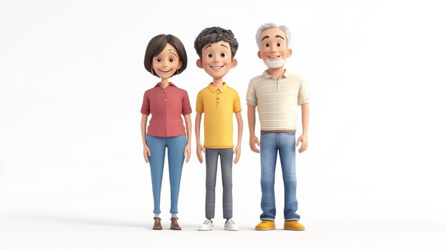 Happy cartoon family of three generations standing together.