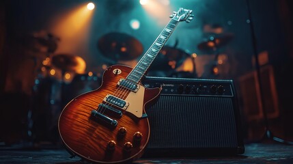 Electric guitar, amplifier on stage. Music instrument ready for performance. Live concert recording session. Possible pop rock band on stage. Stage lighting, background music instruments hints