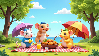 Naklejka premium Three cheerful mice enjoying a picnic with delicious food under colorful umbrellas