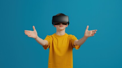Naklejka premium Schoolboy engages in educational virtual reality experience home setting digital interaction bright environment immersive learning