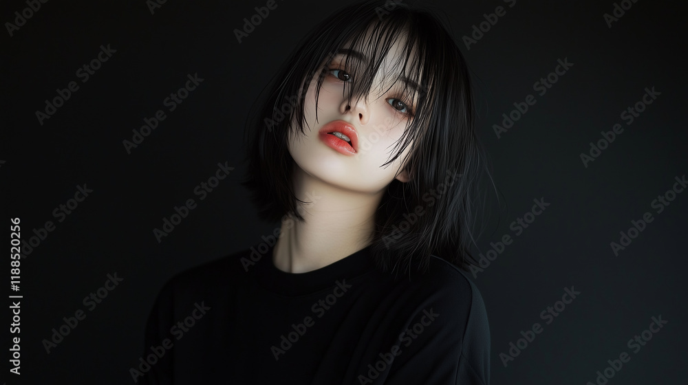 Poster black studio background subtly illuminated by diffused white lighting from the sides, producing a cl