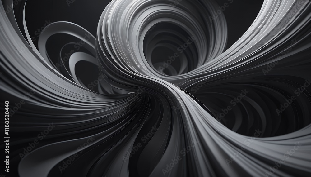 Poster abstract 3d render: swirling grey forms in motion,dynamic curves and layers, textured surface, abstr