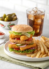 hamburger and fries,cola