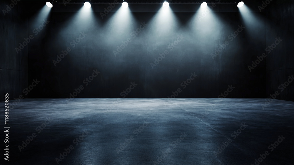 Poster textured black backdrop paired with cool white lighting from above and below, casting soft shadows f