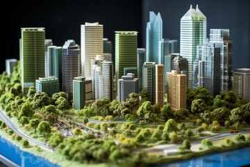 Naklejka premium A miniature model of a modern urban skyline featuring tall buildings and green spaces.