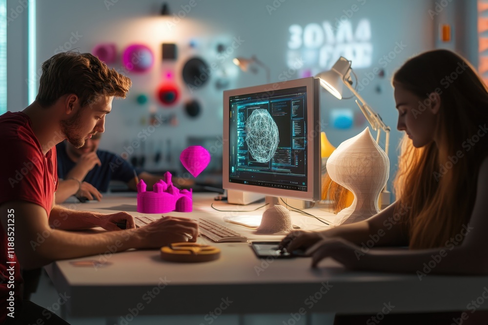 Poster designers collaborating on 3d modeling projects in a modern workspace during evening hours