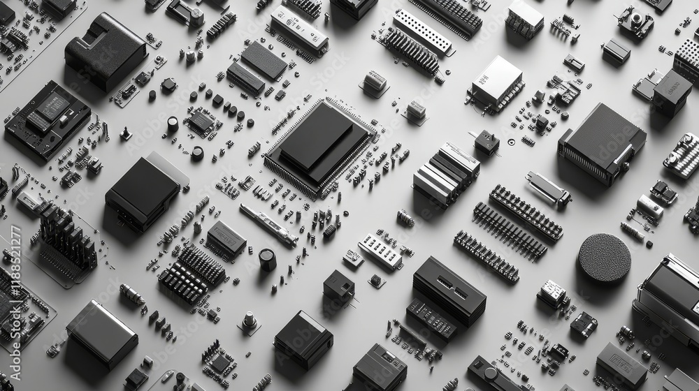 Poster a detailed monochrome arrangement of various electronic components and circuitry elements placed on 