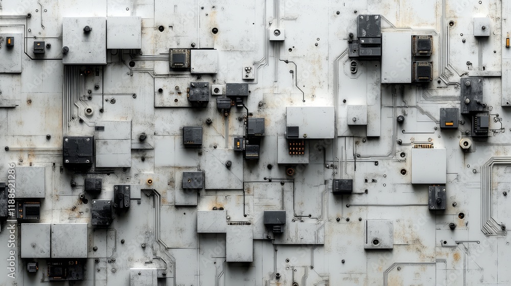 Poster complex interconnected system of electronic components on a textured surface showing a futuristic or
