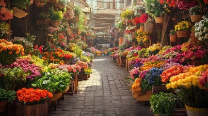 Obraz premium Beautiful Flower Market Filled With Colorful Blooms and Arrangements