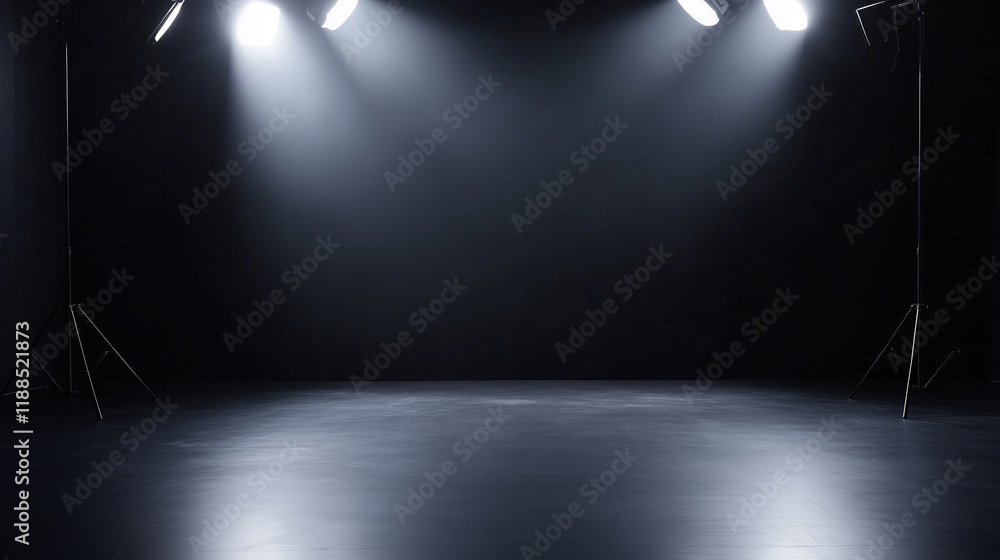 Poster black studio backdrop illuminated by a combination of white key and fill lighting, creating balanced