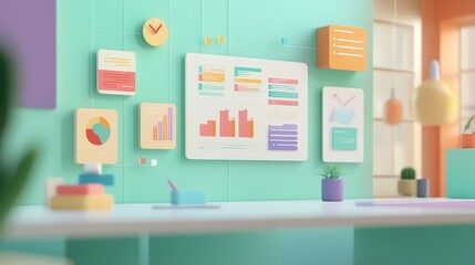 3D visualization of an office environment where a business leader presents strategic plans to investors, with floating 3D charts, projections, and growth metrics illustrations