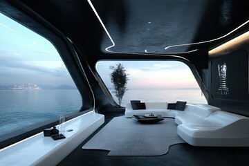 Naklejka premium Futuristic Yacht Lounge Offers Stunning Ocean Views